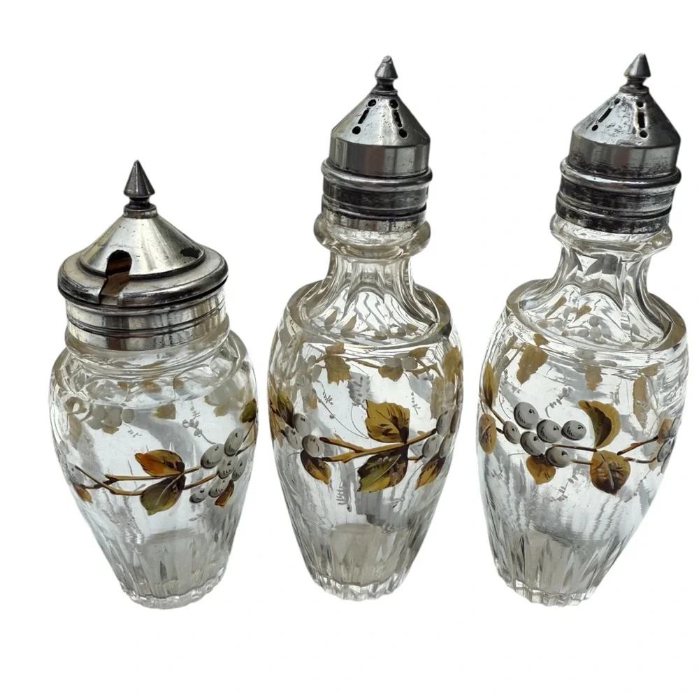 Antique Victorian Floral Cruet Set Hand Painted Glass Oil & Vinegar